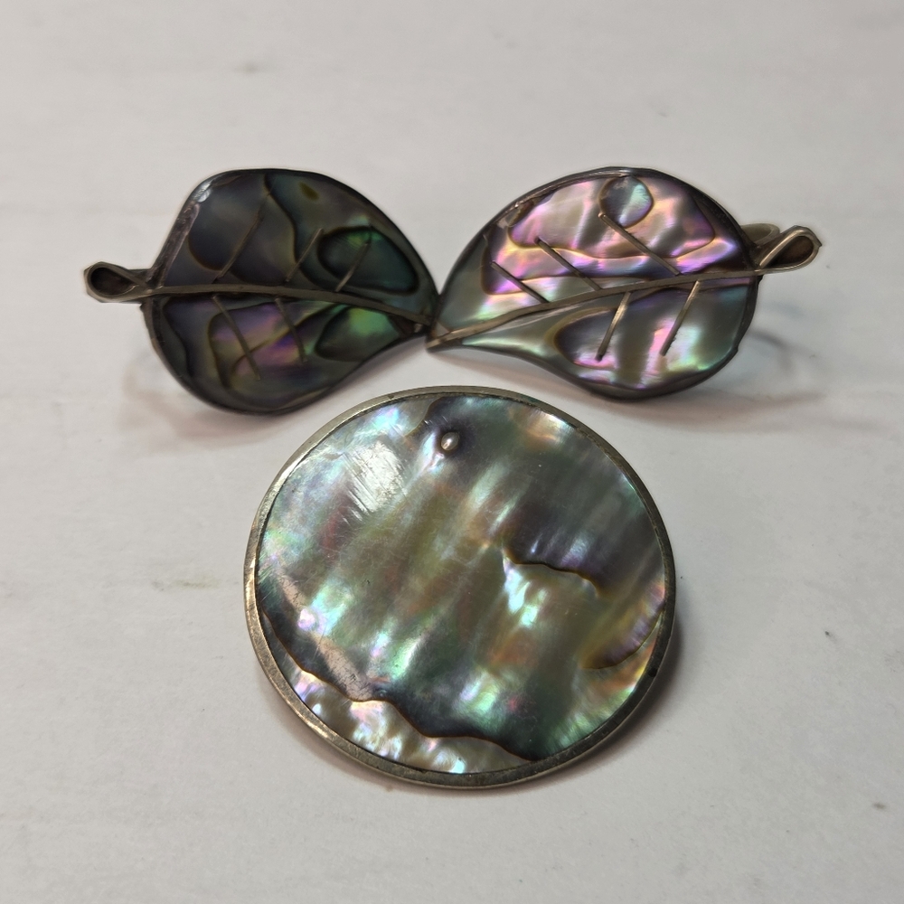 vtg taxco 925 silver & abalone leaf earrings brooch set ccc hecho en mexico leaf